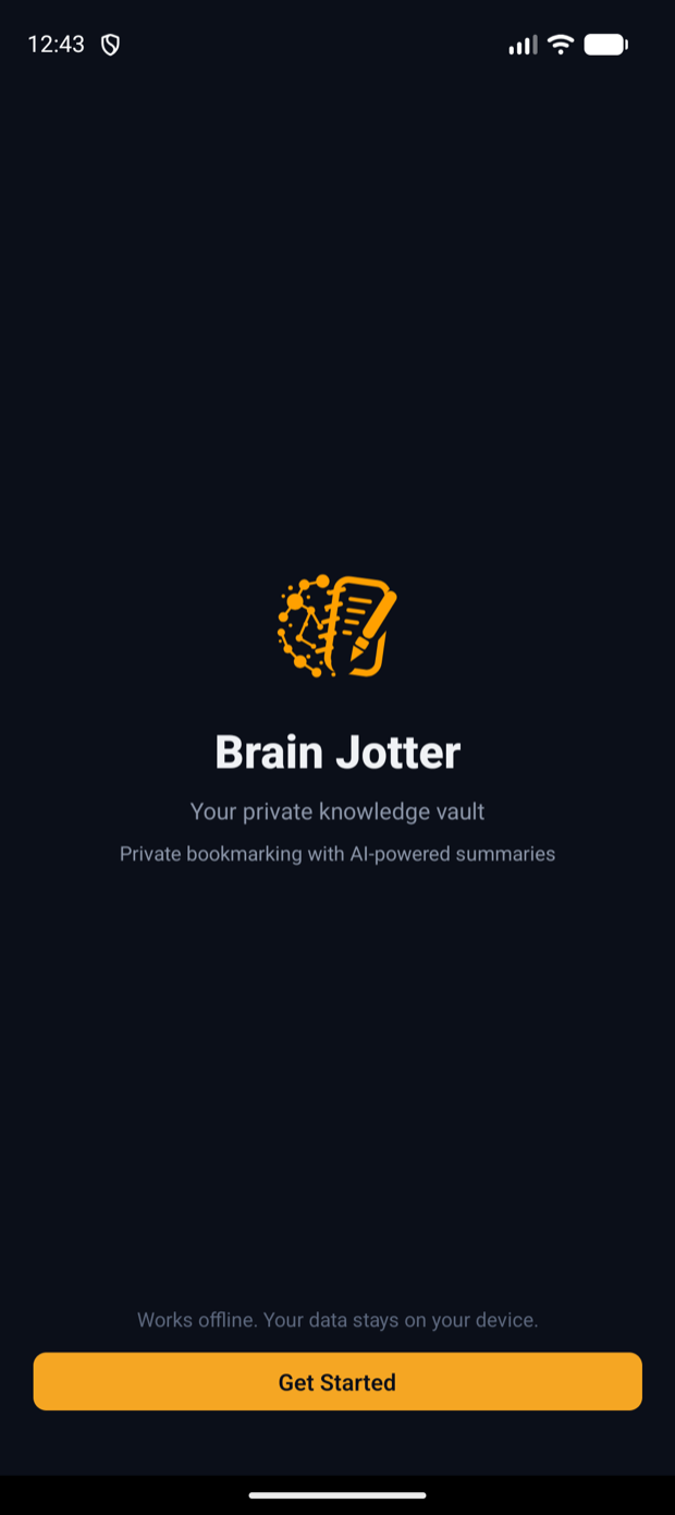 Brain Jotter welcome screen with the logo and tagline Your private knowledge vault