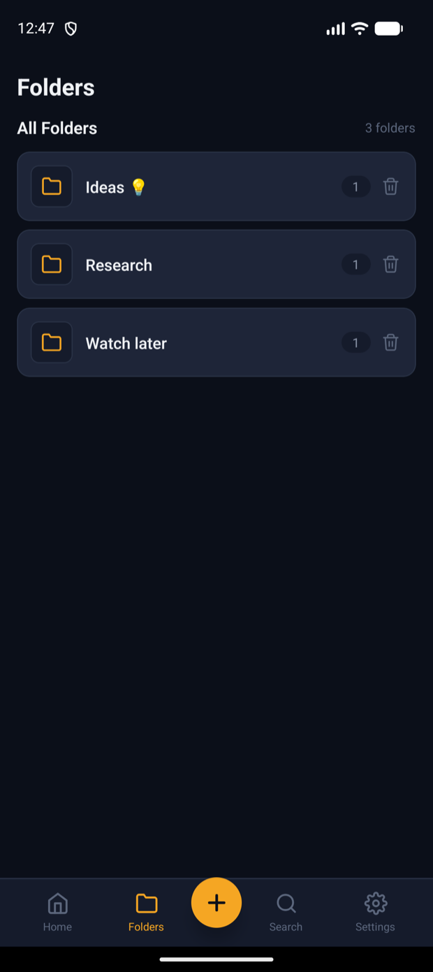 Folders screen showing collections of bookmarks and notes