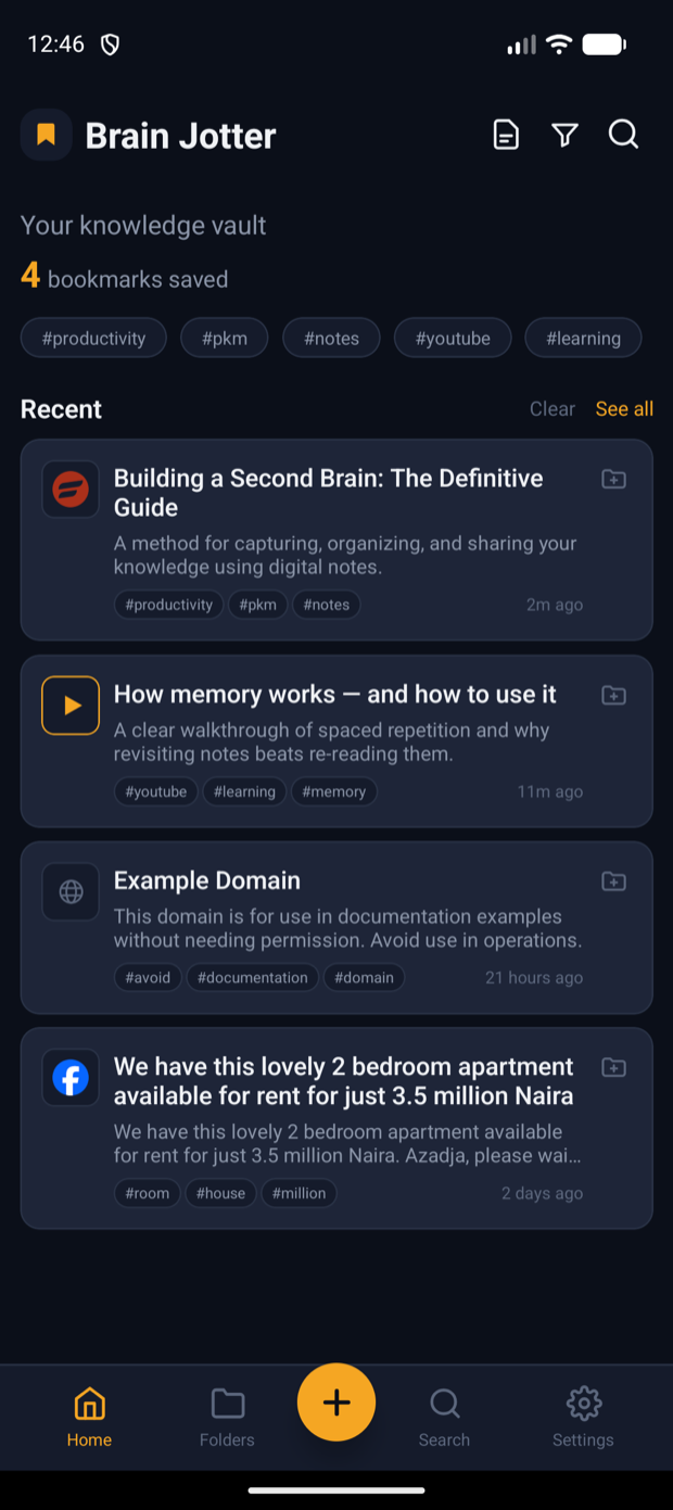 Brain Jotter home screen showing recently saved bookmarks with AI summaries and tags