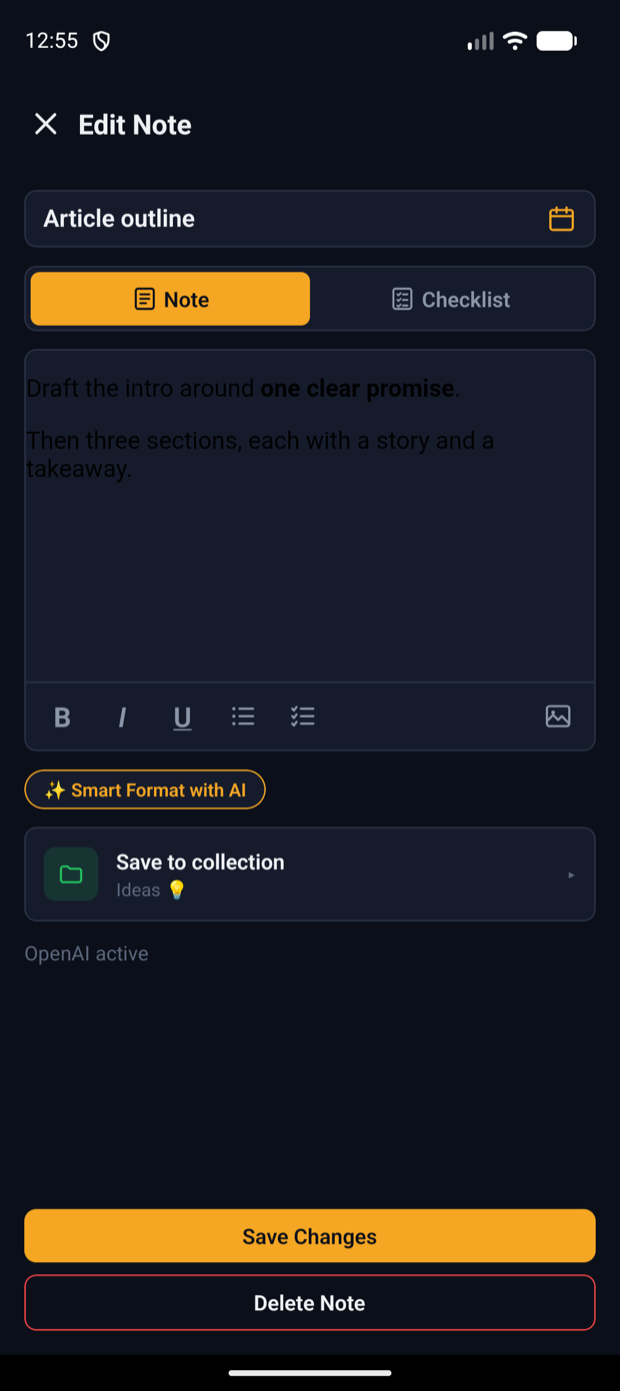 Smart Note editor with a rich-text toolbar, reminder, and Save to collection row