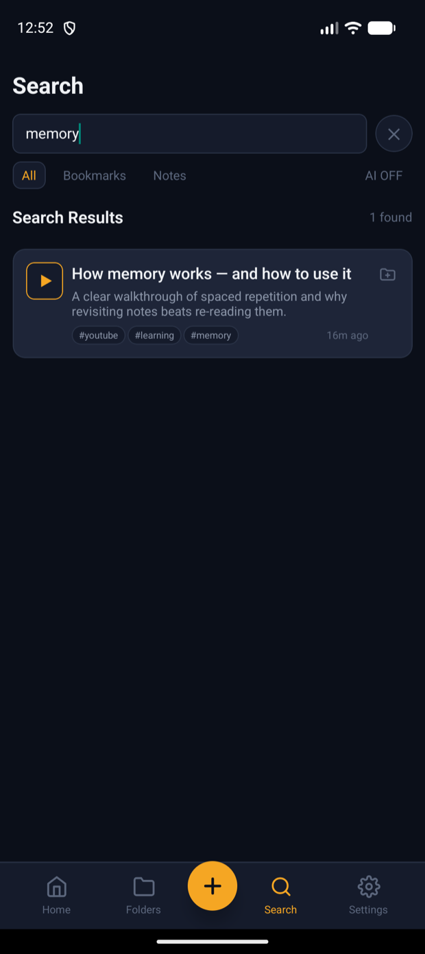 Search screen for finding bookmarks and notes